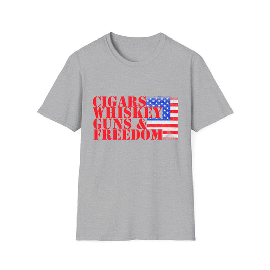 Cigars, Whiskey, Guns & Freedom Unisex T-Shirt, Patriotic Tee, Men's Graphic Tee, Gift for Him, Relaxed Fit Shirt, Casual Wear