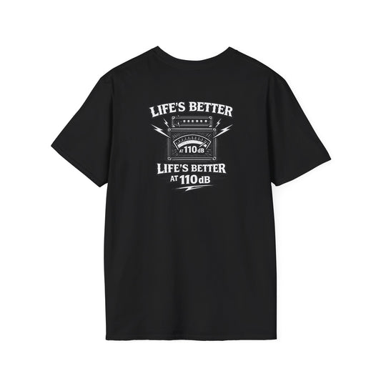 Rock ‘n’ Roll T-Shirt — “Life’s Better at 110 dB” Vintage Amp Graphic