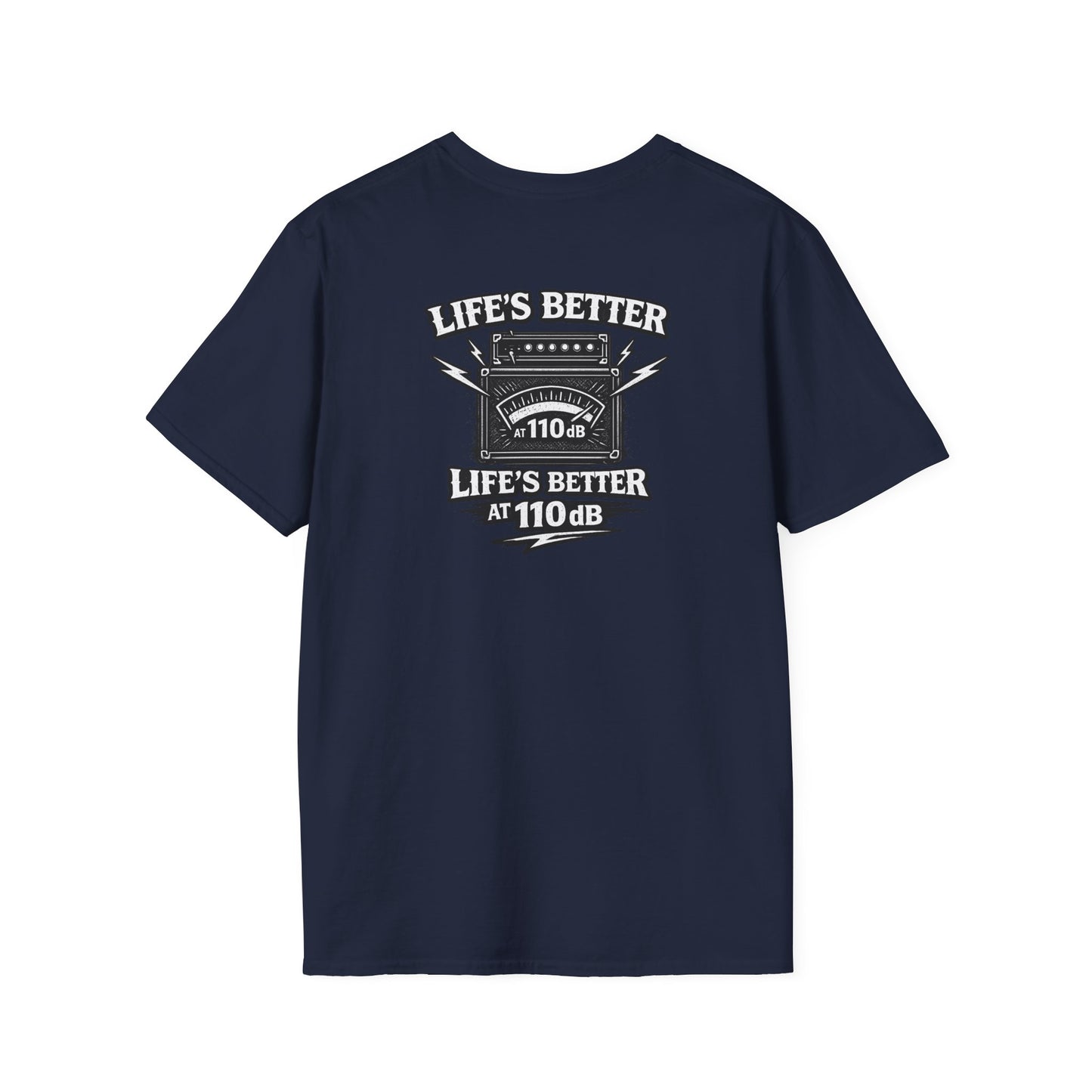 Rock ‘n’ Roll T-Shirt — “Life’s Better at 110 dB” Vintage Amp Graphic